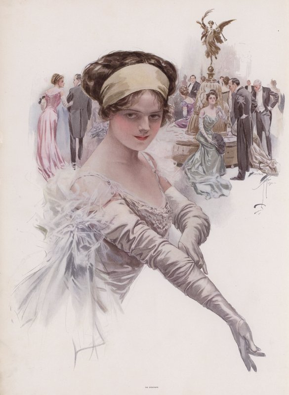 Debutant ved et bal (farve litho) af Harrison Fisher