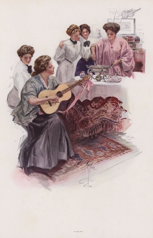 Gruppe af unge kvinder, der fremstiller fudge (Color Litho) af Harrison Fisher