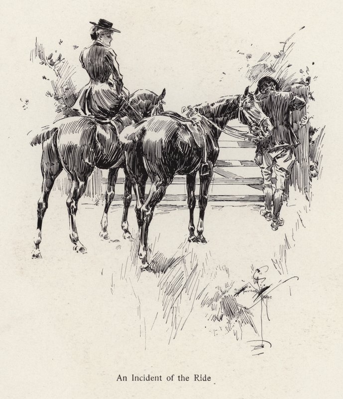 Hesteryttere holder pause for at åbne en port (litho) af Harrison Fisher