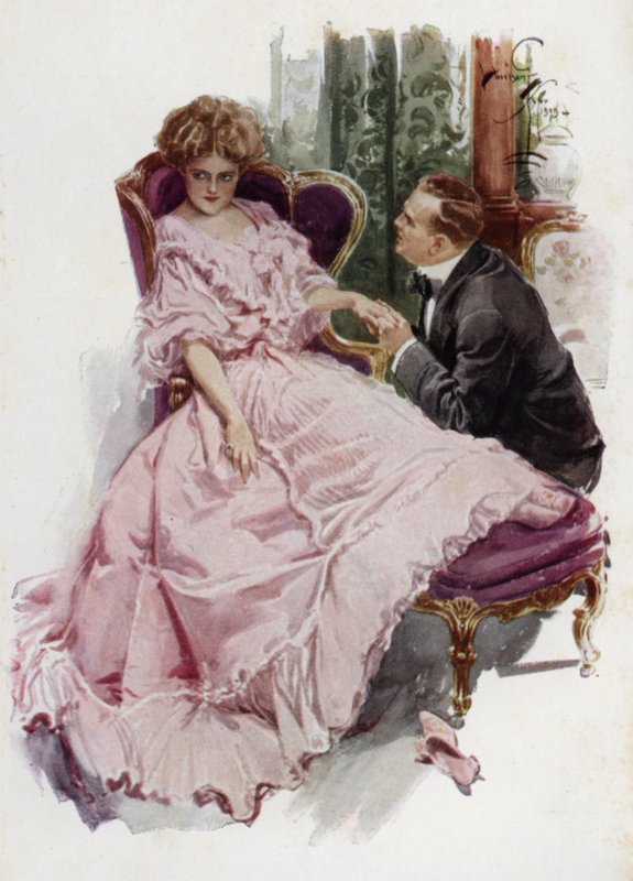 Illustration til When a Man Marries af Mary Roberts Rinehart (farve litho) af Harrison Fisher