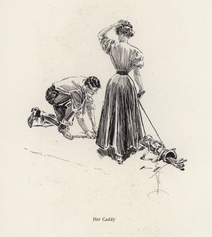 Mand caddiing for en kvinde på golfbanen (litho) af Harrison Fisher