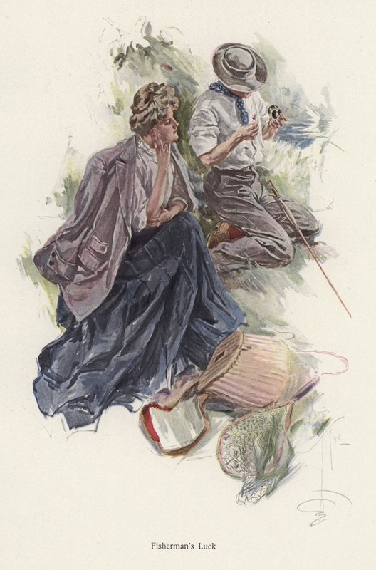 Mand fisker på en flodbred, mens en kvinde ser på (farve litho) af Harrison Fisher