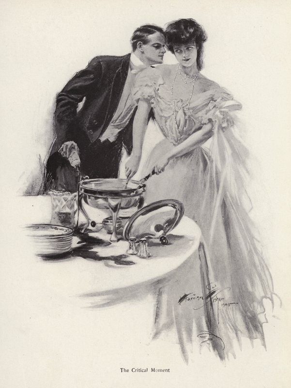 Mand flirter med en kvinde over aftensmadsbordet (litho) af Harrison Fisher