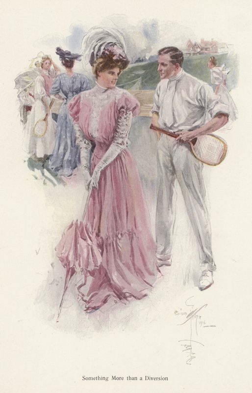 Mand afbryder sit tennisspil for at tale med en ung kvinde (farve litho) af Harrison Fisher