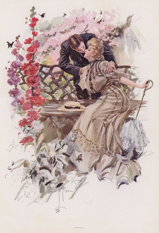 Mand kysser en kvinde i en have (farve litho) af Harrison Fisher