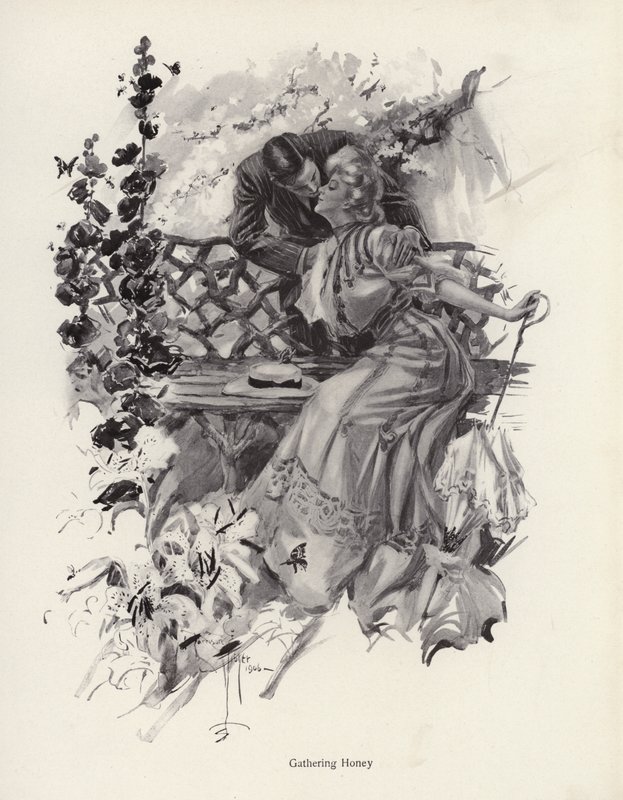 Mand kysser en kvinde i en have (litho) af Harrison Fisher
