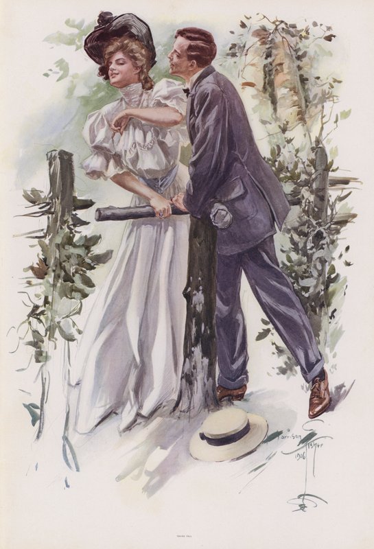 Mand forsøger at stjæle et kys fra en ung kvinde (farve litho) af Harrison Fisher