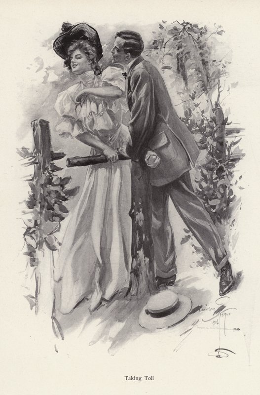 Mand forsøger at stjæle et kys fra en ung kvinde (litho) af Harrison Fisher