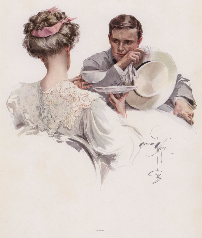 Mand venter på, at en kvinde skal betro ham en hemmelighed (farve litho) af Harrison Fisher