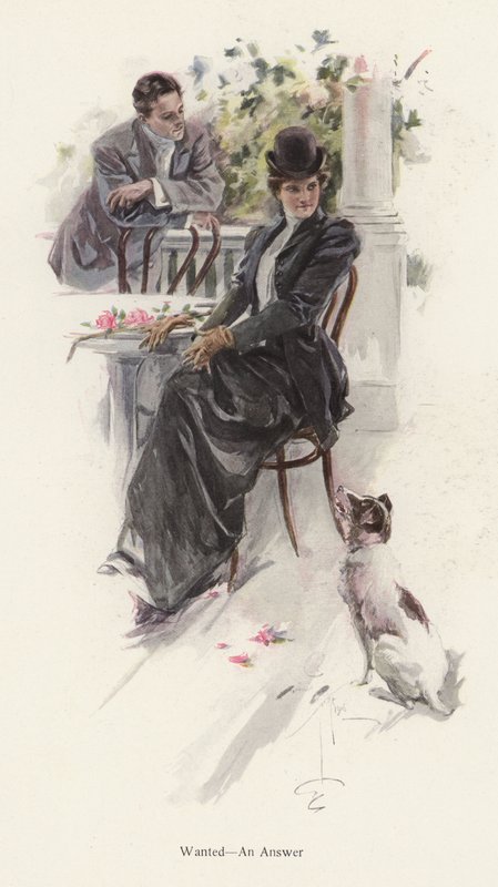 Mand venter på svar fra en ung kvinde (farve litho) af Harrison Fisher