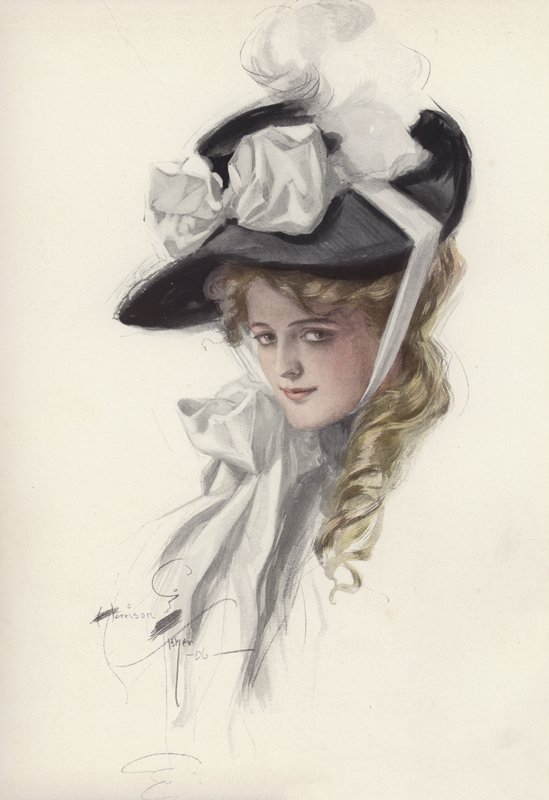 Portræt af en kvinde i en fancy hat (farve litho) af Harrison Fisher