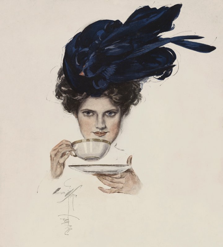 Portræt af en kvinde i en fancy hat, der drikker te (farve litho) af Harrison Fisher