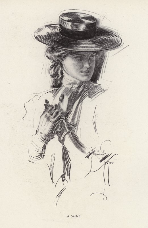 Portræt af en kvinde i en hat (litho) af Harrison Fisher