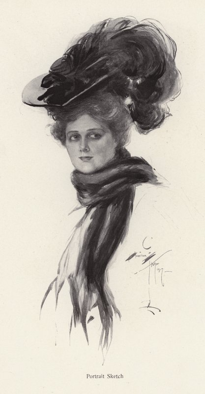 Portræt af en kvinde i en stor hat (litho) af Harrison Fisher