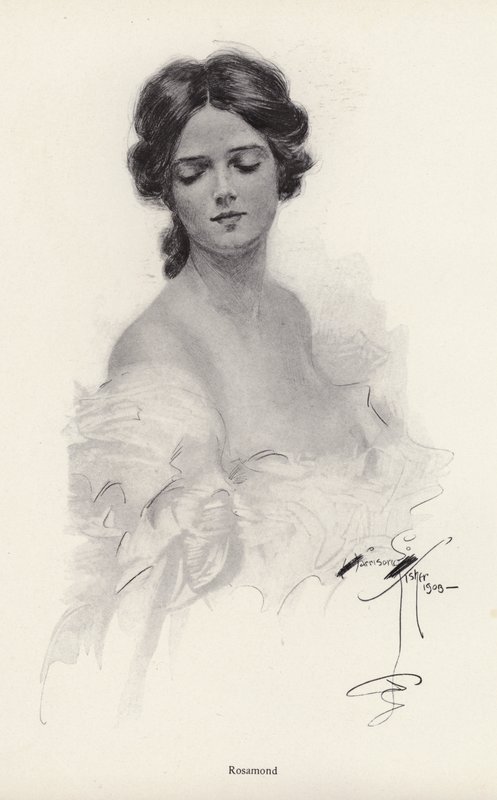 Portræt af en kvinde ved navn Rosamond (litho) af Harrison Fisher