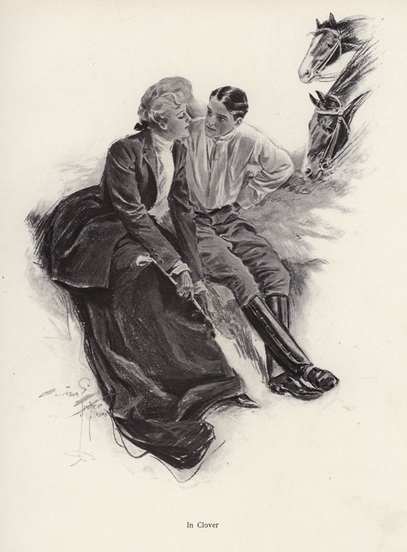 Romantisk par tager en pause under en ridetur (litho) af Harrison Fisher