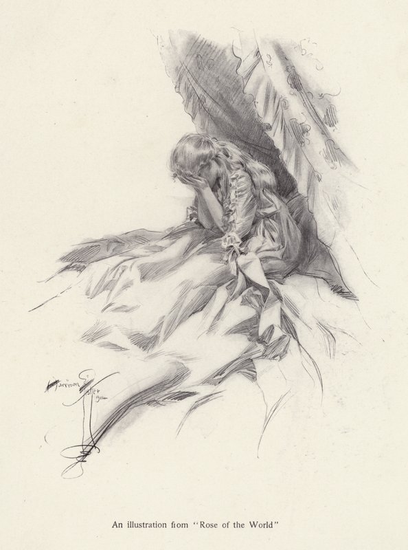 Rosamond English, en karakter fra Rose of the World, en roman af Egerton Castle (litho) af Harrison Fisher