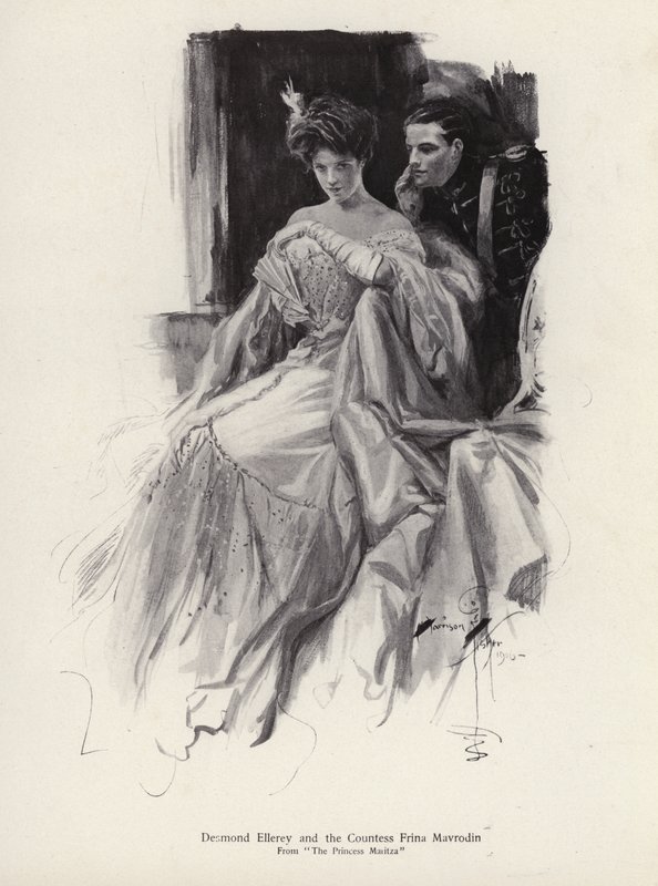 To karakterer, Desmond Ellery og grevinden Frina Mavrodin fra romanen, Prinsessen Moritza, af Percy Brebner (litho) af Harrison Fisher