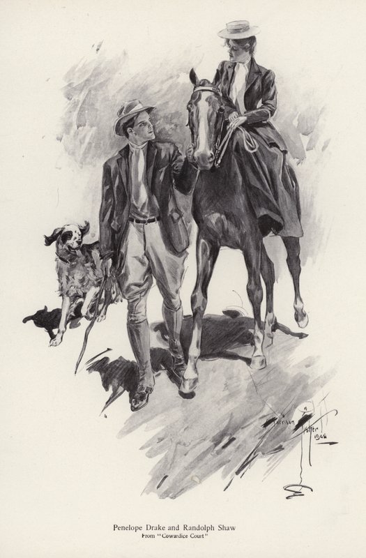 To karakterer, Penelope Drake og Randolph Shaw fra romanen, Cowardice Court, af George Barr McCutcheon (litho) af Harrison Fisher