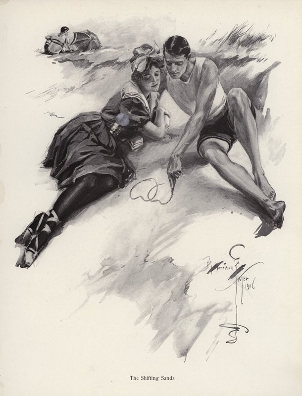 To elskere tegner hjerter i sandet på stranden (litho) af Harrison Fisher