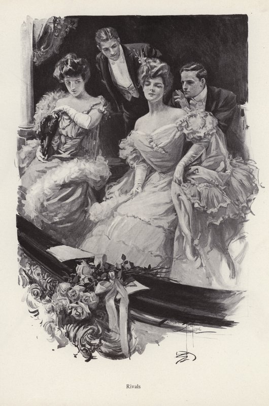 To kvinder i en boks på teatret i konkurrence med hinanden om mandlig opmærksomhed (litho) af Harrison Fisher