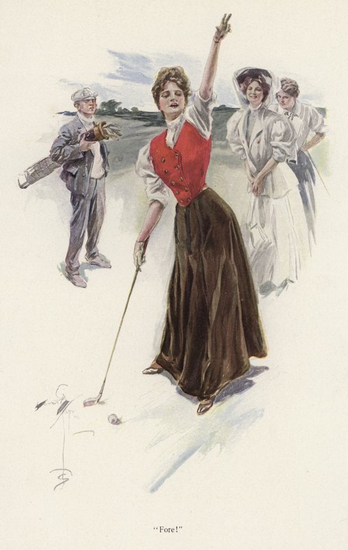 Kvinde golfspiller på banen (farve litho) af Harrison Fisher