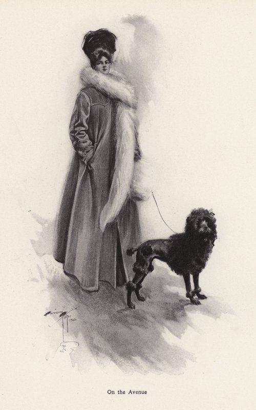 Kvinde i en lang frakke med en puddel (litho) af Harrison Fisher