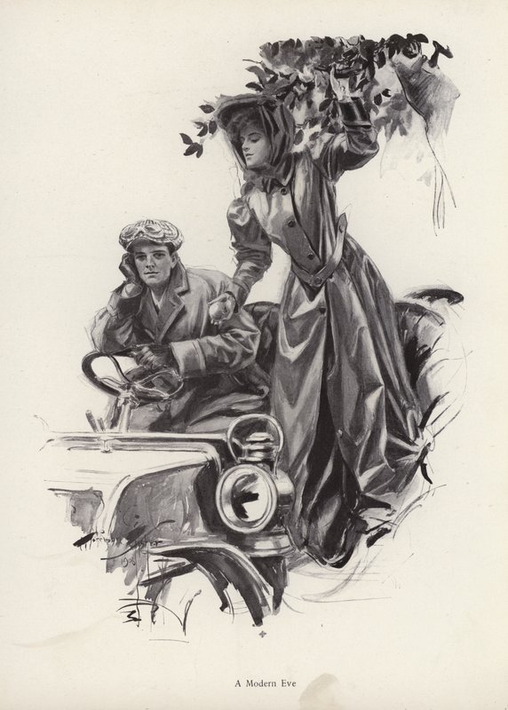 Kvinde plukker æbler inde fra en bil (litho) af Harrison Fisher