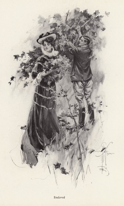 Kvinde plukker blomster med en mandlig beundrer (litho) af Harrison Fisher