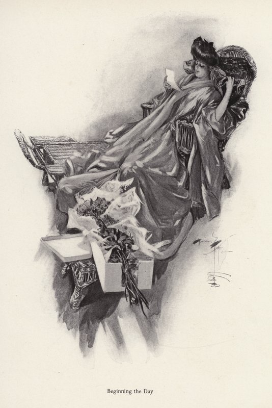 Kvinde modtager en buket blomster fra en beundrer (litho) af Harrison Fisher