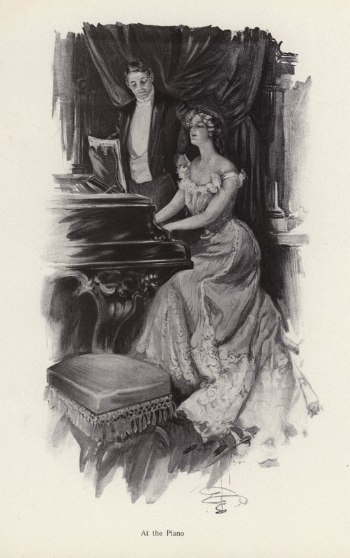 Kvinde synger ved klaveret (litho) af Harrison Fisher