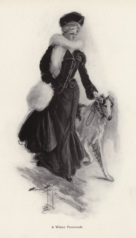Kvinde går tur med sin grove colliehund om vinteren (litho) af Harrison Fisher