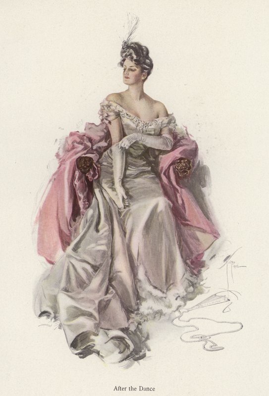 Kvinde iført aftenkjole efter dansen (farve litho) af Harrison Fisher