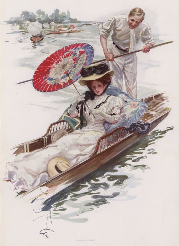Ung amerikansk kvinde nyder en punttur på en engelsk flod (farve litho) af Harrison Fisher