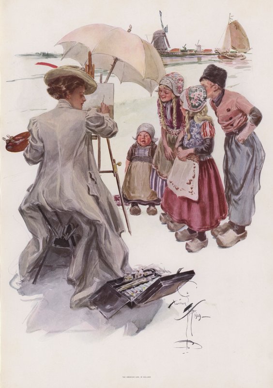 Ung amerikansk kvinde maler en hollandsk scene (farve litho) af Harrison Fisher