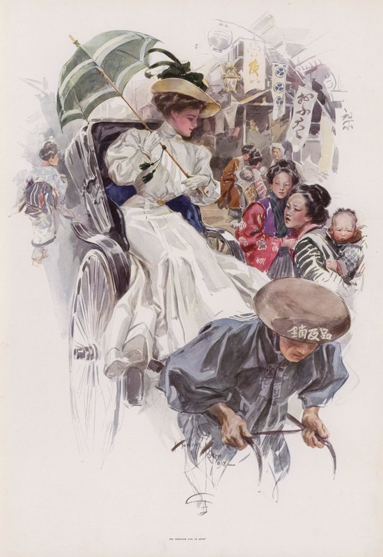 Ung amerikansk kvinde rider i en japansk rickshaw (farve litho) af Harrison Fisher