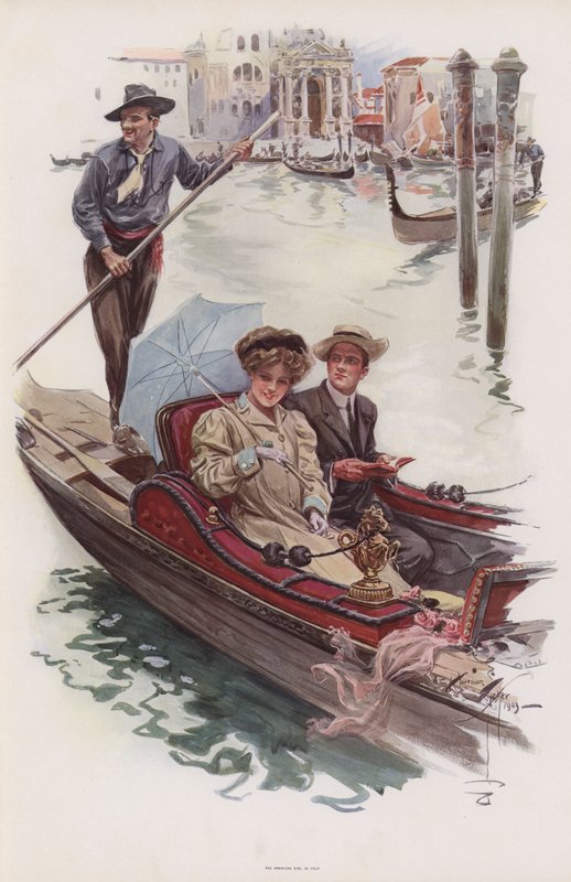 Ung amerikansk kvinde tager en tur i en gondol, Venedig (farve litho) af Harrison Fisher