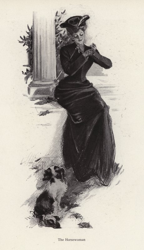 Ung kvinde og hendes hund venter på at ride (litho) af Harrison Fisher
