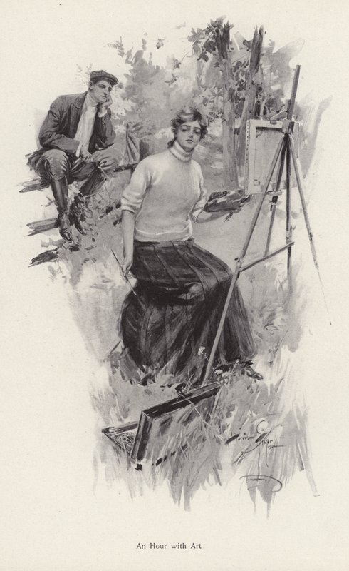 Ung kvinde kunstner maler på landet, mens en ung mand ser på (litho) af Harrison Fisher