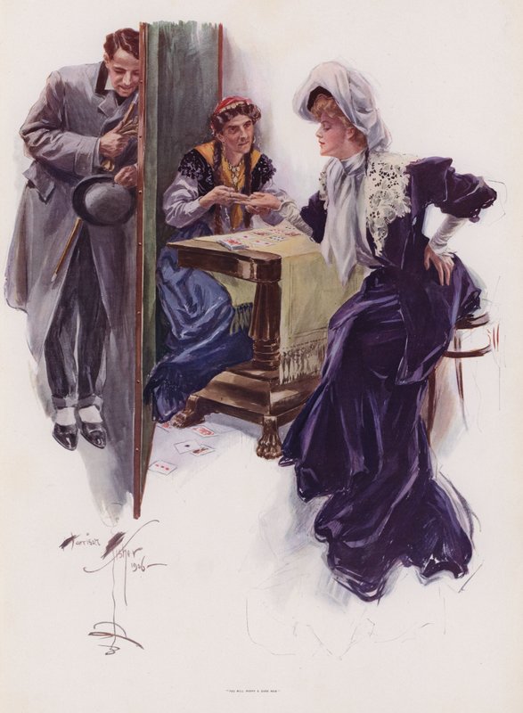 Ung kvinde får sin fremtid fortalt af en sigøjner (farve litho) af Harrison Fisher