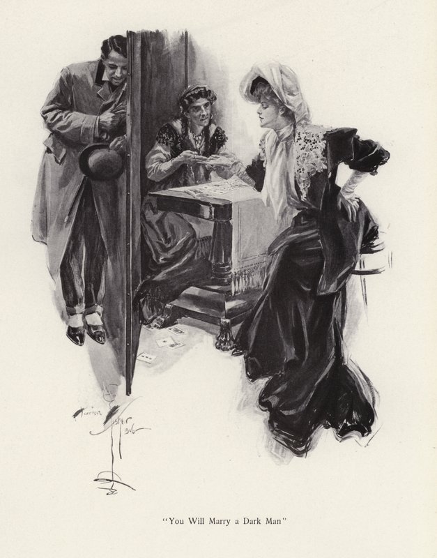 Ung kvinde får sin fremtid fortalt af en sigøjner (litho) af Harrison Fisher