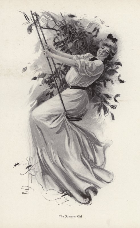 Ung kvinde på en gynge (litho) af Harrison Fisher