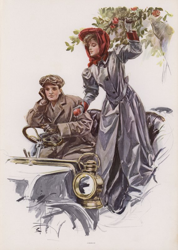 Ung kvinde plukker æbler inde fra en bil (farve litho) af Harrison Fisher