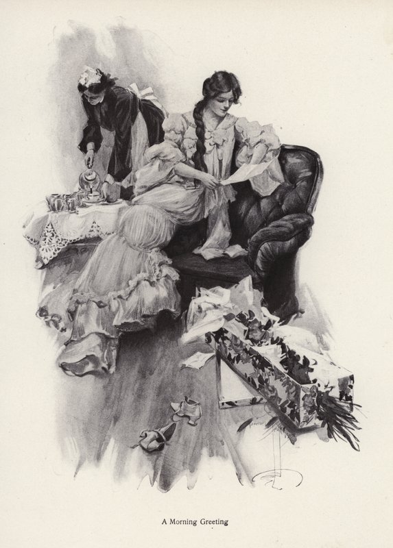 Ung kvinde modtager en buket blomster og et brev fra en beundrer (litho) af Harrison Fisher