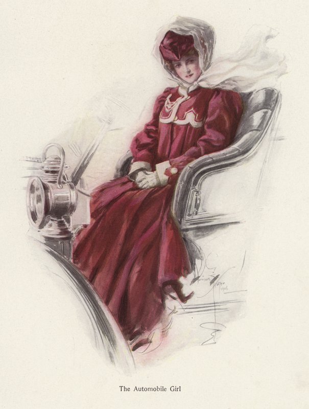 Ung kvinde sidder i en bil (farve litho) af Harrison Fisher