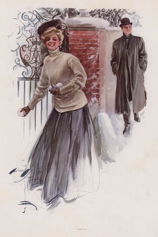 Ung kvinde venter på at kaste snebolde mod en mand (farve litho) af Harrison Fisher