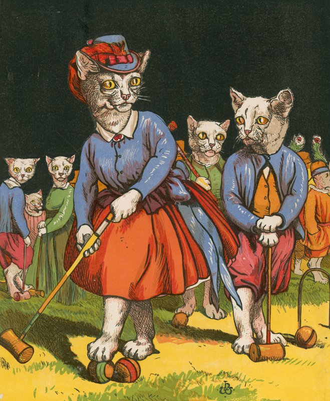 Katte spiller kroket (farve litho) af Harrison William Weir