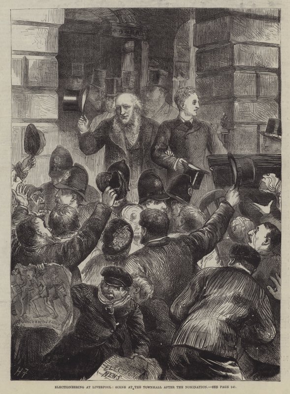 Valgkamp i Liverpool, scene i rådhuset efter nomineringen af Harry Furniss