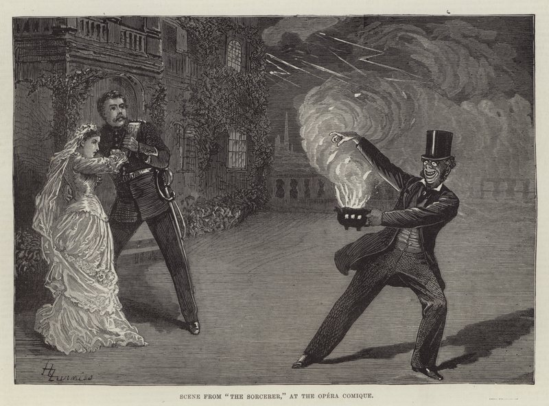 Scene fra Troldmanden, på Opera Comique af Harry Furniss