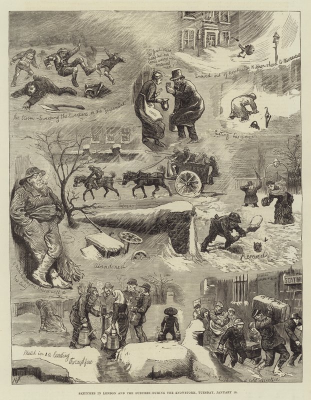 Skitser i London og forstæderne under snestormen, tirsdag den 18. januar af Harry Furniss